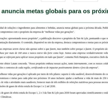 Tate & Lyle anuncia metas globais para os próximos 10 anos – Aditivos & Ingredientes