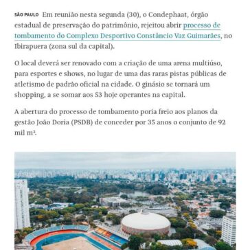 Condephaat rejeita tombar complexo esportivo do Ibirapuera – Folha de S.Paulo (On-line)