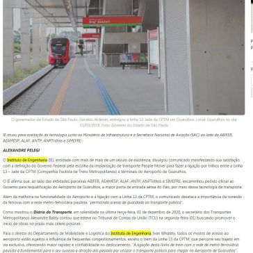 Instituto de Engenharia e entidades parceiras comemoram definição pela implantação do People Mover no Aeroporto de Guarulhos – Diário do Transporte