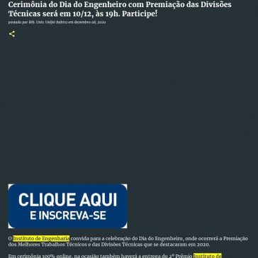 Cerimônia do Dia do Engenheiro com Premiação das Divisões Técnicas será em 10/12, às 19h. Participe! – Bunifeitabira