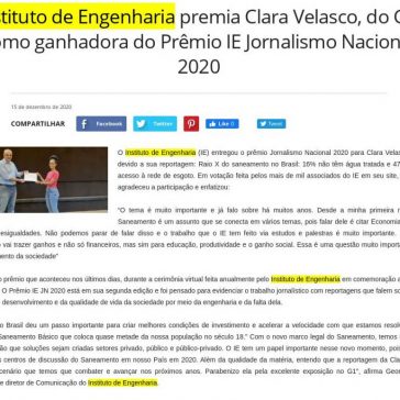 Instituto de Engenharia premia Clara Velasco, do G1, como ganhadora do Prêmio IE Jornalismo Nacional 2020 – Ad Online