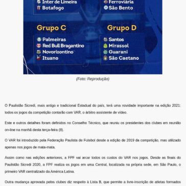 Paulistão Sicredi 2021 terá VAR em todos os jogos; veja os grupos sorteados – Blog do Esporte