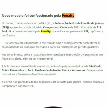 FERJ apresenta bola oficial do Campeonato Carioca 2021 – Explosão Tricolor