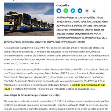 Entidades do setor de transporte coletivo divulgam carta aberta à prefeitos e governadores – DiviNews.com