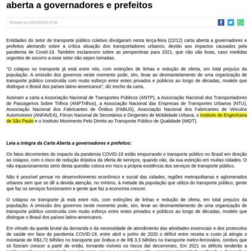 Setor de transporte público coletivo divulgam carta aberta a governadores e prefeitos – Sistema MPA de comunicação