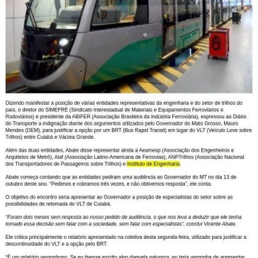 Entidades do setor de trilhos contestam opção pelo BRT no lugar do VLT no Mato Grosso – SHR Editorial