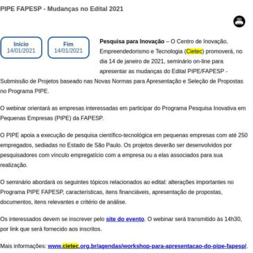 PIPE FAPESP – Mudanças no Edital 2021 – FAPESP PESQUISA