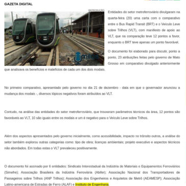 Setor metroferroviário divulga manifesto a favor do VLT – A Notícia de Mato Grosso