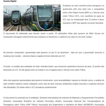 Setor metroferroviário divulga manifesto a favor do VLT – Tangará Online