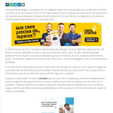 USP desenvolve teste que reduz custo para detectar anticorpos da covid-19 – Isto É (Online)