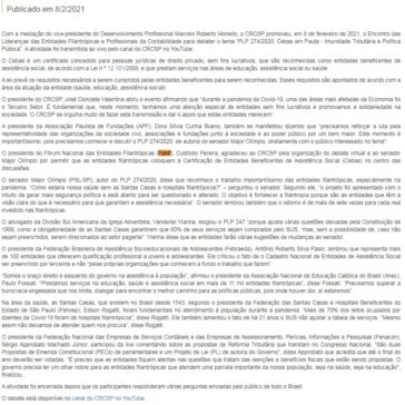 CRCSP reúne entidades contábeis em encontro virtual para discutir PLP 274/2020 – CRCSP