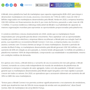 GMV da Mirakl atinge crescimento anual recorde de 110%, com mais de US$ 3,1 bilhões negociados em marketplaces desenvolvidos pela empresa – Terra