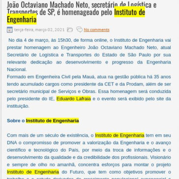 João Octaviano Machado Neto, secretário de Logística e Transportes de SP, é homenageado pelo Instituto de Engenharia – Blog do Patrício Nunes