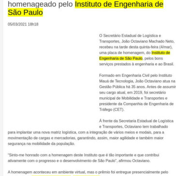 Secretário Estadual João Octaviano é homenageado pelo Instituto de Engenharia de São Paulo – Clikar