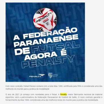 PR: PENALTY É A NOVA PATROCINADORA DA FEDERAÇÃO PARANAENSE DE FUTEBOL DE SALÃO – Futsal de Primeira