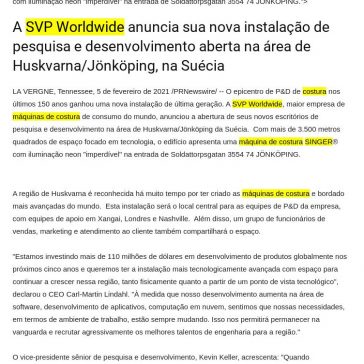 A SVP Worldwide anuncia sua nova instalação de pesquisa e desenvolvimento aberta na área de Huskvarna/Jönköping, na Suécia – A Hora