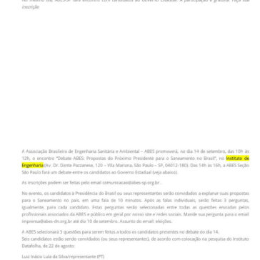 ABES promoverá debate sobre saneamento entre candidatos à Presidência da República – AESBE