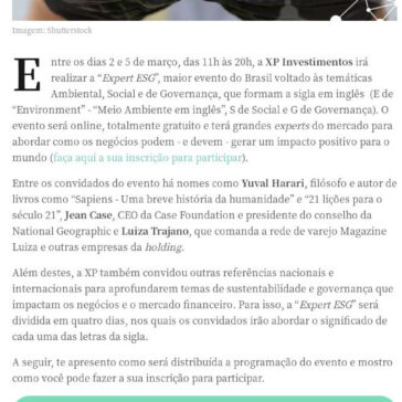 XP promove evento online e gratuito com experts do mercado para discutir ESG – entre os convidados estão Yuval Harari, Jean Case e Luiza Trajano – Seu Dinheiro