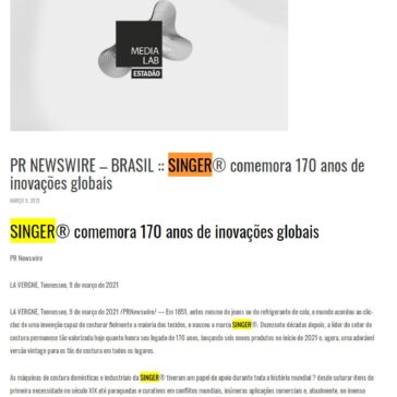SINGER® comemora 170 anos de inovações globais – Midia Lab (Estadão)