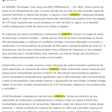 SINGER® comemora 170 anos de inovações globais – Na Pauta Online