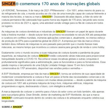 SINGER® comemora 170 anos de inovações globais – Top Sector