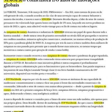 SINGER® comemora 170 anos de inovações globais – Sala de Imprensa