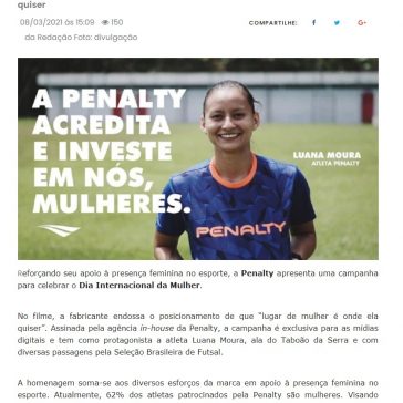 Em homenagem ao Dia da Mulher, Penalty apoia presença feminina no esporte- JE Online