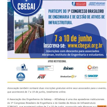AESabesp apoia realização do 1º Congresso Brasileiro de Engenharia e Gestão de Ativos de Infraestrutura – Aesabesp