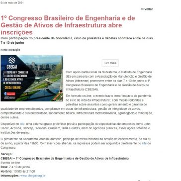 1º Congresso Brasileiro de Engenharia abre inscrições – M e T Manutenção e Tecnologia