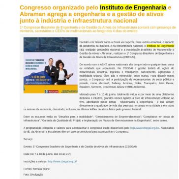 Congresso organizado pelo Instituto de Engenharia e Abraman agrega a engenharia e a gestão de ativos junto à indústria e infraestrutura nacional – BH Eventos