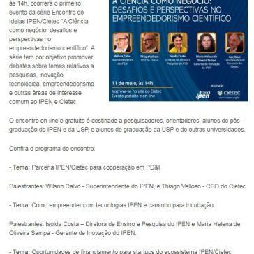 Encontro de ideias: IPEN e Cietec realizam webinar sobre desafios e perspectivas no empreendedorismo científico – IPEN