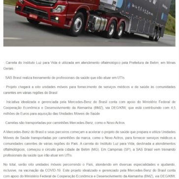 Mercedes-Benz e parceiros colocam em circulação as primeiras Unidades Móveis de Saúde para atendimento à população de São Paulo e Minas Gerais – SEGS