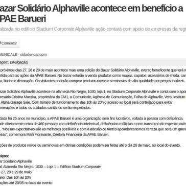 Bazar Solidário Alphaville acontece em benefício a APAE Barueri – Cidade no Ar