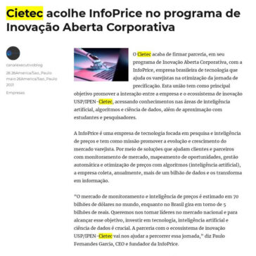Cietec acolhe InfoPrice no programa de Inovação Aberta Corporativa – Canal Executivo Blog