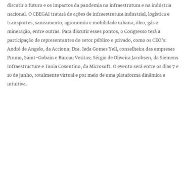 Infraestrutura e a indústria nacional serão temas centrais discutidos ao longo da primeira edição do CBEGAI – Metrópoles