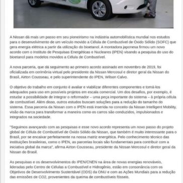 Nissan e IPEN assinam novo acordo para seguir no desenvolvimento do uso de bioetanol para veículos movidos a Célula de Combustível – Top Sector