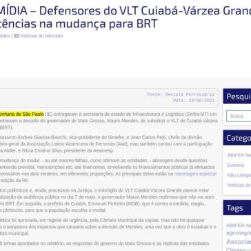 ABIFER NA MÍDIA – Defensores do VLT Cuiabá-Várzea Grande apontam 35 inconsistências na mudança para BRT – ABIFER