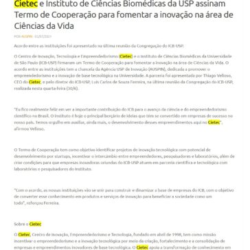 Cietec e Instituto de Ciências Biomédicas da USP assinam Termo de Cooperação para fomentar a inovação na área de Ciências da Vida – Agência USP de Inovação