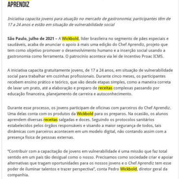 Wickbold renova o apoio para nova edição do projeto social Chef Aprendiz – 2A Alimentos