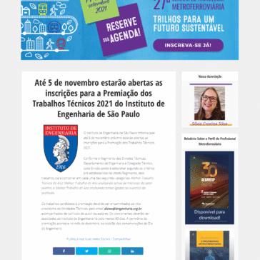 Até 5 de novembro estarão abertas as inscrições para a Premiação dos Trabalhos Técnicos 2021 do Instituto de Engenharia de São Paulo – Aeamesp