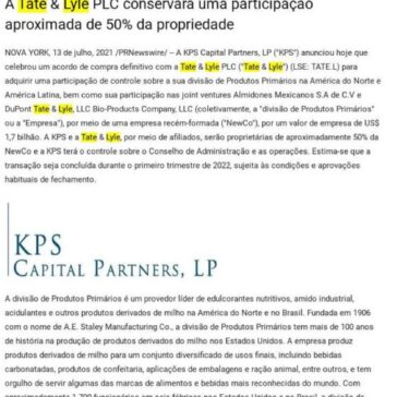 KPS Capital Partners adquire a participação de controle da divisão de Produtos Primários da Tate & Lyle na América do Norte e na América Latina – A Hora