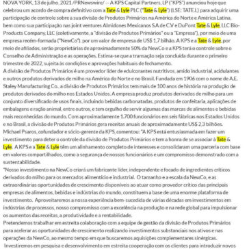 KPS Capital Partners adquire a participação de controle da divisão de Produtos Primários da Tate & Lyle na América do Norte e na América Latina – A Tarde (On-line)