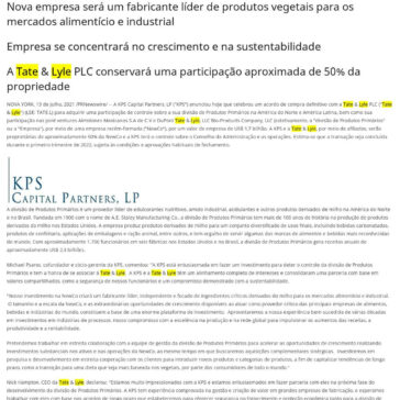 KPS Capital Partners adquire a participação de controle da divisão de Produtos Primários da Tate & Lyle na América do Norte e na América Latina – AIN