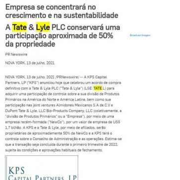 KPS Capital Partners adquire a participação de controle da divisão de Produtos Primários da Tate & Lyle na América do Norte e na América Latina  – Broadcast