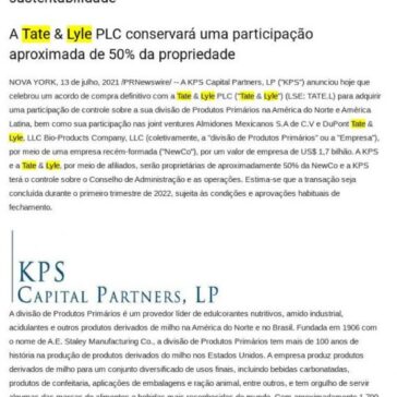 KPS Capital Partners adquire a participação de controle da divisão de Produtos Primários da Tate & Lyle na América do Norte e na América Latina – Cenário Minas
