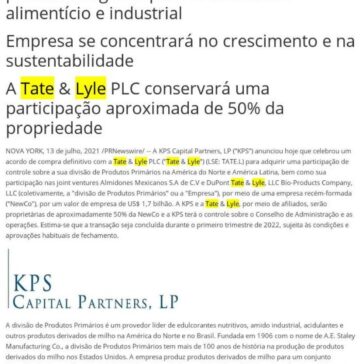 KPS Capital Partners adquire a participação de controle da divisão de Produtos Primários da Tate & Lyle na América do Norte e na América Latina – Coluna de Turismo