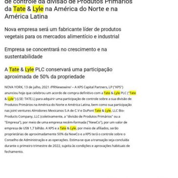 KPS Capital Partners adquire a participação de controle da divisão de Produtos Primários da Tate & Lyle na América do Norte e na América Latina – Dica App do Dia