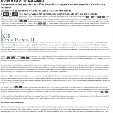 KPS Capital Partners adquire a participação de controle da divisão de Produtos Primários da Tate & Lyle na América do Norte e na América Latina – Ego Notícias