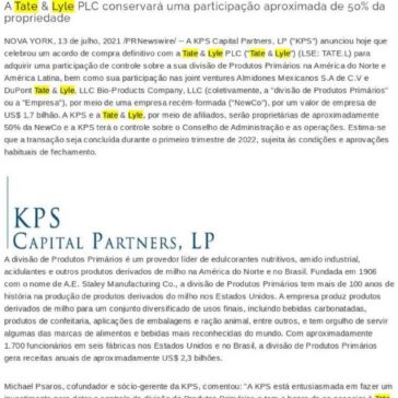 KPS Capital Partners adquire a participação de controle da divisão de Produtos Primários da Tate & Lyle na América do Norte e na América Latina – Finanças Real