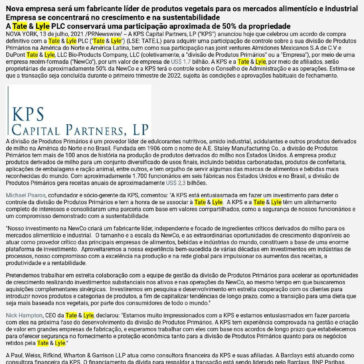 KPS Capital Partners adquire a participação de controle da divisão de Produtos Primários da Tate & Lyle na América do Norte e na América Latina – Guia Marítimo